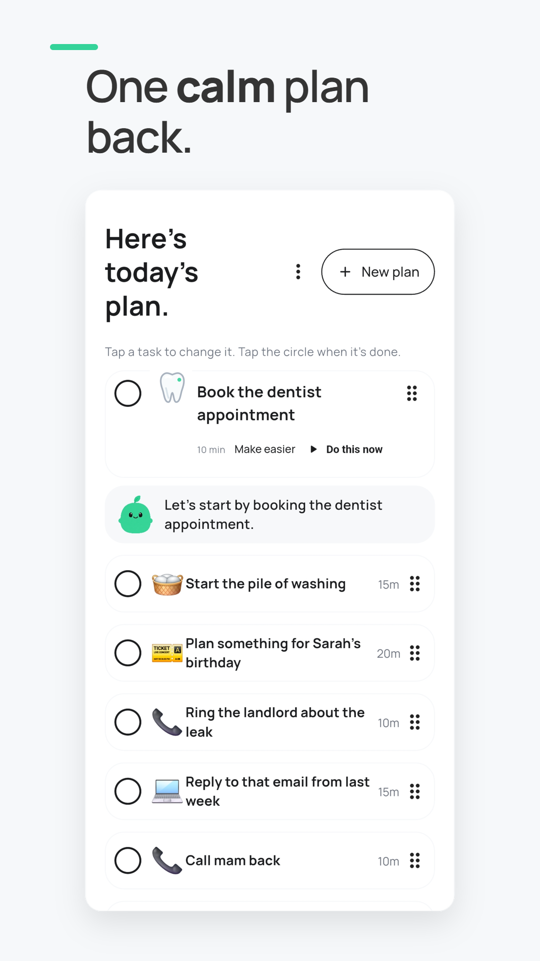 Pip showing an ordered plan with realistic time estimates