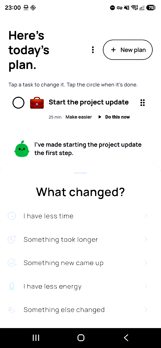Pip's What changed sheet with options for less time, delays, new tasks and lower energy